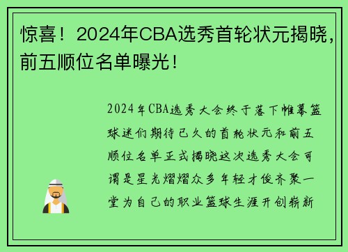 惊喜！2024年CBA选秀首轮状元揭晓，前五顺位名单曝光！