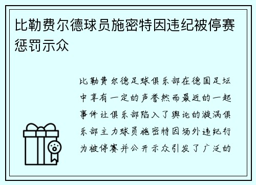 比勒费尔德球员施密特因违纪被停赛惩罚示众